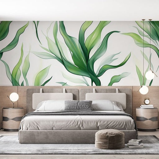 Green leaf wallpaper mural | Green plants and white background - Carving wallpaper