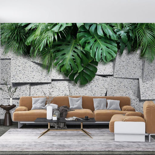 Green plant stone wall mural wallpaper | Stone wall and leaves - Carving wallpaper