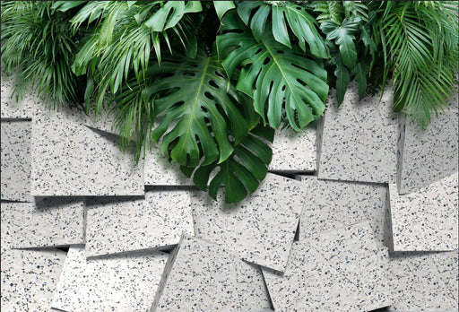 Green plant stone wall mural wallpaper | Stone wall and leaves - Carving wallpaper