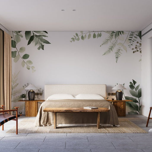 Green plants watercolor wallpaper mural | Elegant green leaves - Carving wallpaper