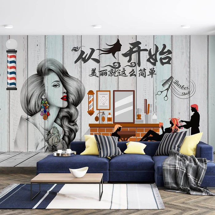 Hairdressing Shop Theme Wallpaper Mural | Hairdressing Salon - Vintage wood grain salon wallpaper with stylish long-haired illustration, barber tools, and 'Beauty starts from the top, it's that simple' slogan