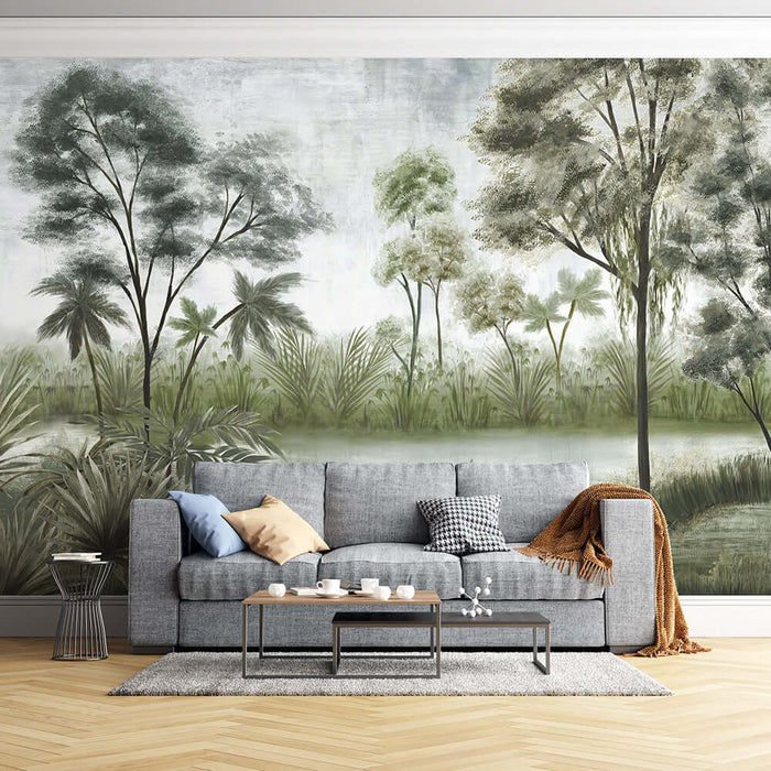 Hand drawn forest landscape wallpaper mural | Creating forest atmosphere with impressionist-inspired, retro-toned forest scene for living room decor