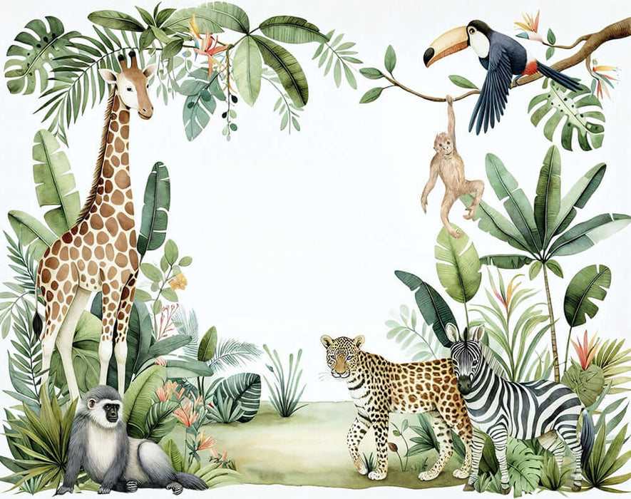 Hand drawn jungle animal wallpaper mural | Children's room bedroom playful decorative wall