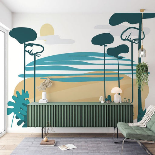 Hand drawn plant sea view wallpaper mural | Light colored coastline - Carving wallpaper