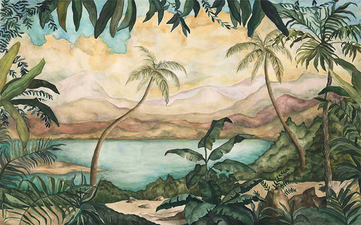 Hand drawn tropical landscape wallpaper mural | Vacation style decorative wall