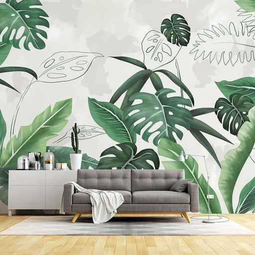 Hand drawn tropical leaf wallpaper mural | Preferred bedroom forest atmosphere in living room with lush green monstera leaves