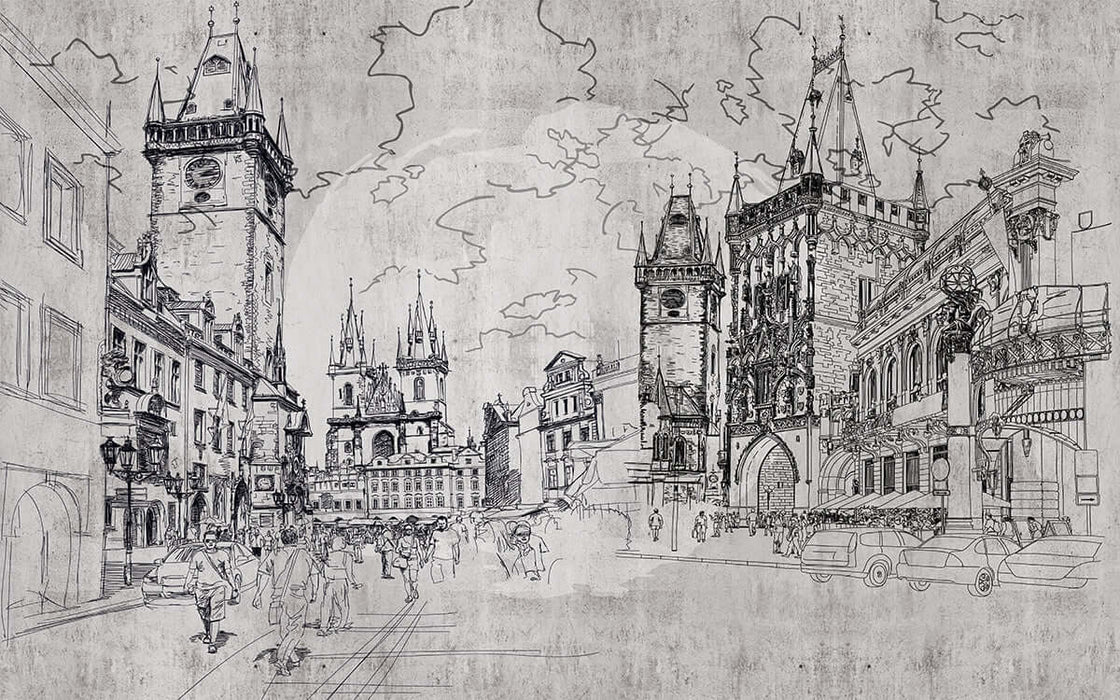 Hand drawn urban street view wallpaper mural | Architectural themed decoration