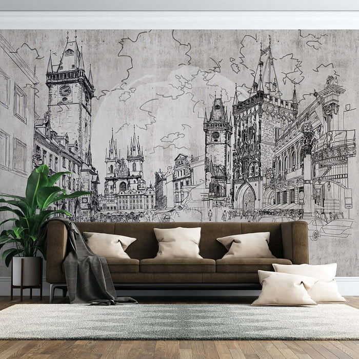 Hand drawn urban street view wallpaper mural | Architectural themed decoration