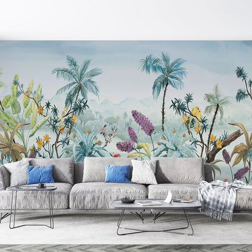 Hand drawn wallpapers and murals featuring tropical plants | Palm trees, blooming flowers, and parrots - Carving wallpaper