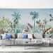 Hand drawn wallpapers and murals featuring tropical plants | Palm trees, blooming flowers, and parrots - Carving wallpaper