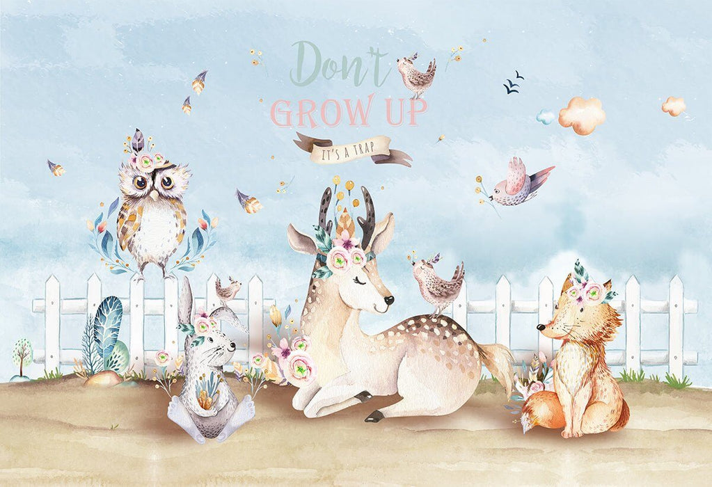 Hand-Painted Forest Animal Wallpaper Mural | Whimsical Owl, Deer, Fox | Soothing Watercolor Nursery & Bedroom Décor | "Don't GROW UP" Design | Made for French Homes