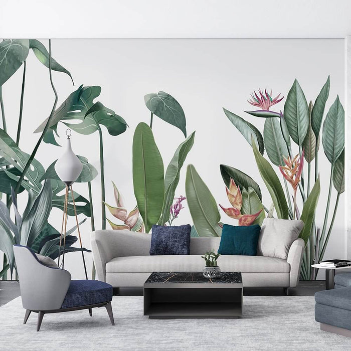 Hand-Painted Tropical Rainforest Wallpaper Mural – Monstera & Bird of Paradise Botanical Art with lush monstera, bird of paradise blooms and tropical foliage