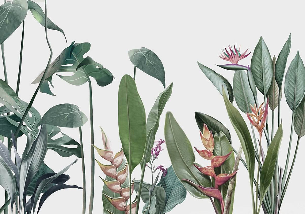 Hand-Painted Tropical Rainforest Wallpaper Mural – Monstera & Bird of Paradise Botanical Art