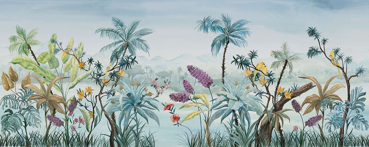 Hand-Painted Tropical Wallpapers & Murals – Palms, Blooms, Parrots featuring vibrant tropical watercolor artwork with palms, lush blooms, and playful parrots