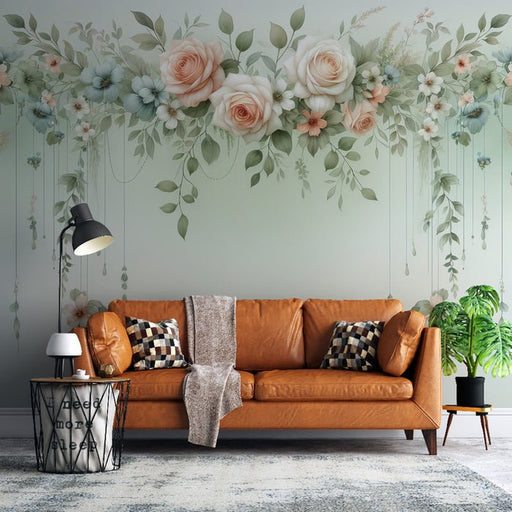 Hanging Flower Wallpaper Mural | Pink and Light Blue Flowers - Carving wallpaper