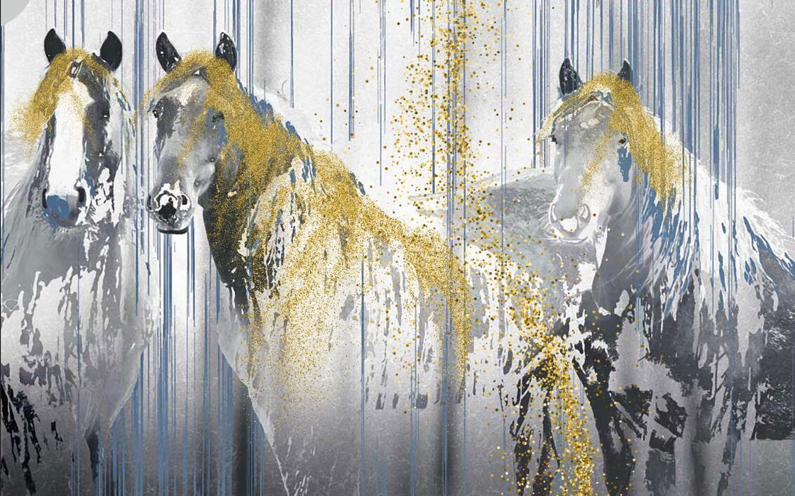 Horse Wallpaper Mural | Grey Blue Horse Image with Gold accents Wallpaper - Carving wallpaper