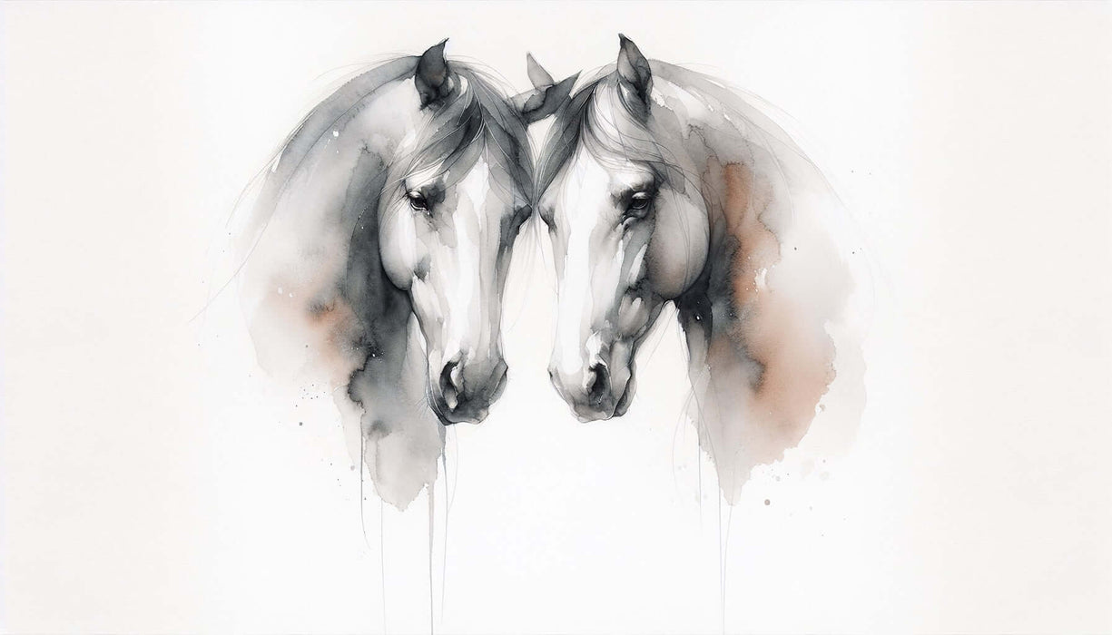 Watercolor Horse Heads Wallpaper Mural | Serene Pair in Black, White & Soft Pink
