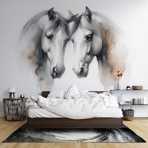 Horse Wallpaper Mural | Watercolor Painting of a Pair of Horse Heads Facing Each Other - Carving wallpaper