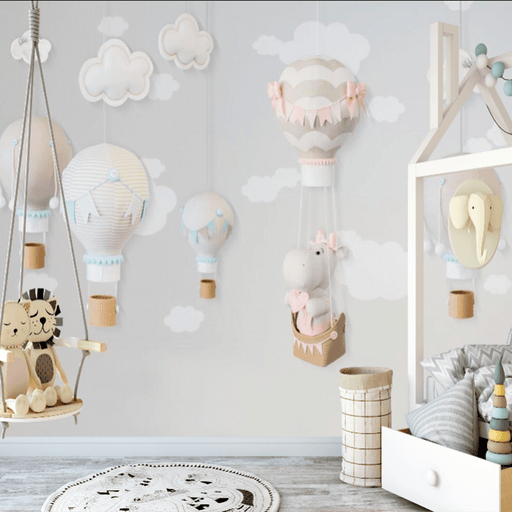 Hot air balloon cloud wallpaper mural | cartoon hot air balloon cloud, children's style wallpaper - Carving wallpaper