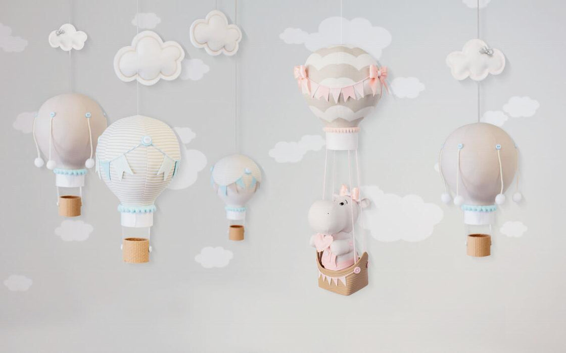 Hot air balloon cloud wallpaper mural | cartoon hot air balloon cloud, children's style wallpaper - Carving wallpaper