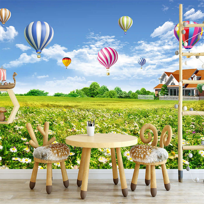 Hot air balloon countryside wallpaper mural/fresh healing decorative wall - Fairy tale town wallpaper scene with balloons over meadow dining set