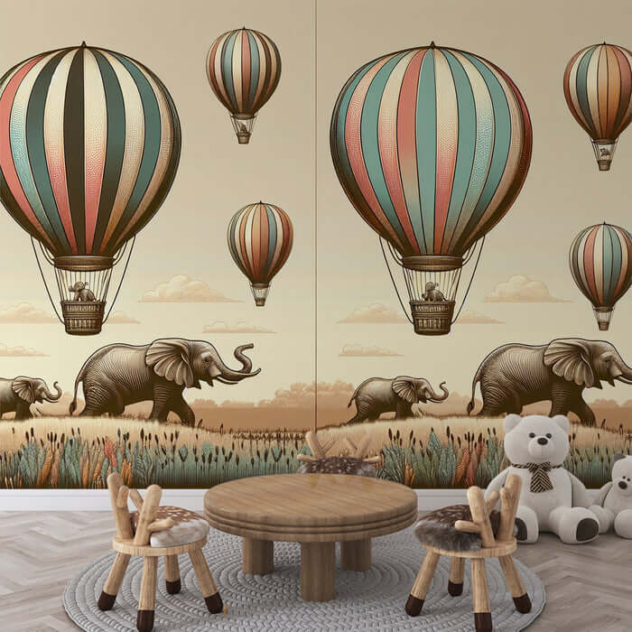 Hot air balloon elephant wallpaper | Living room bedroom decorative wall painting with retro balloons and elephants in warm tones