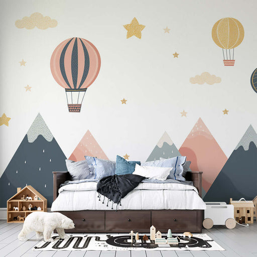 Hot air balloon mountain view wallpaper mural | Children's room with pastel mountains and hot air balloons, low-saturation gray tones for kids' spaces