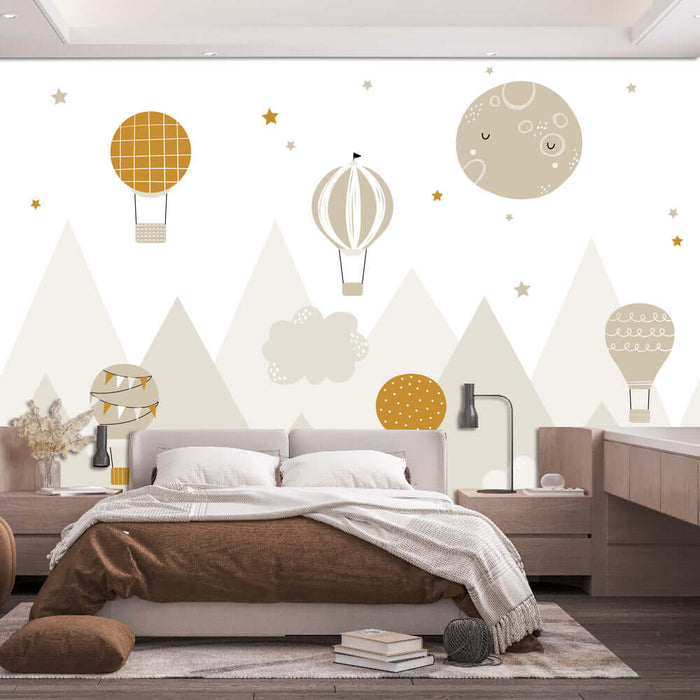 Hot air balloon wallpaper | Children's room mural - Cloud Adventure Dream retro healing style with hot air balloons and mountains for a natural and elegant living space