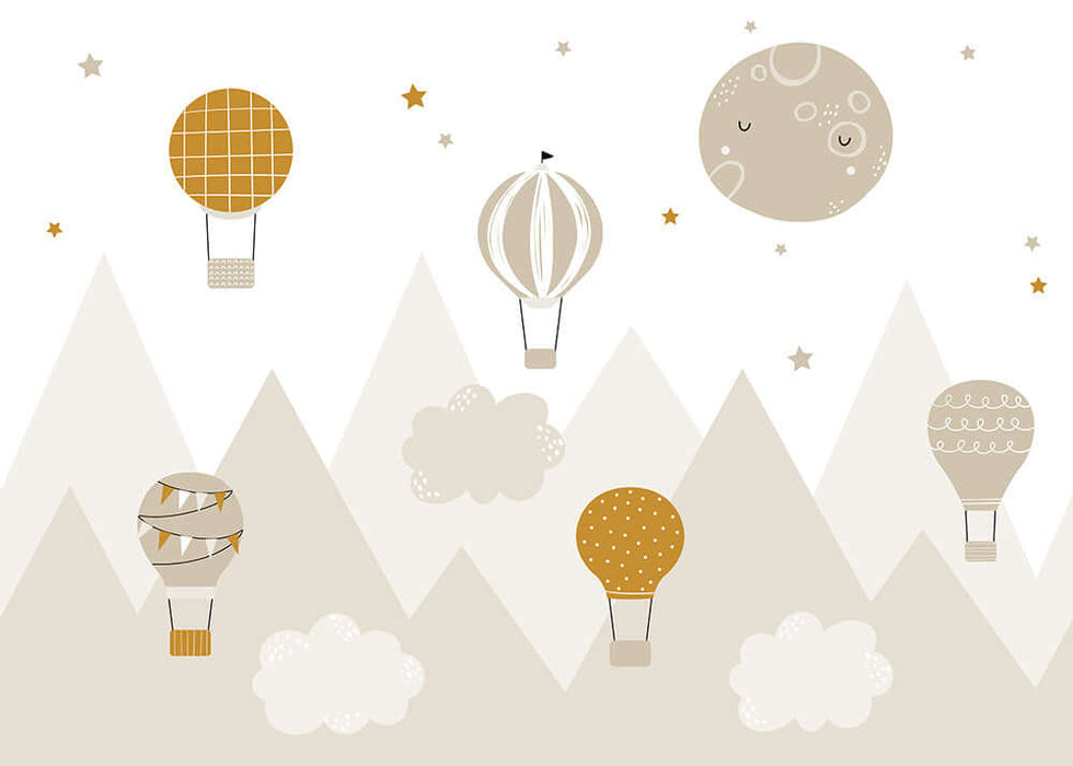 Hot air balloon wallpaper | Children's room mural with retro healing style featuring balloons over mountains and clouds
