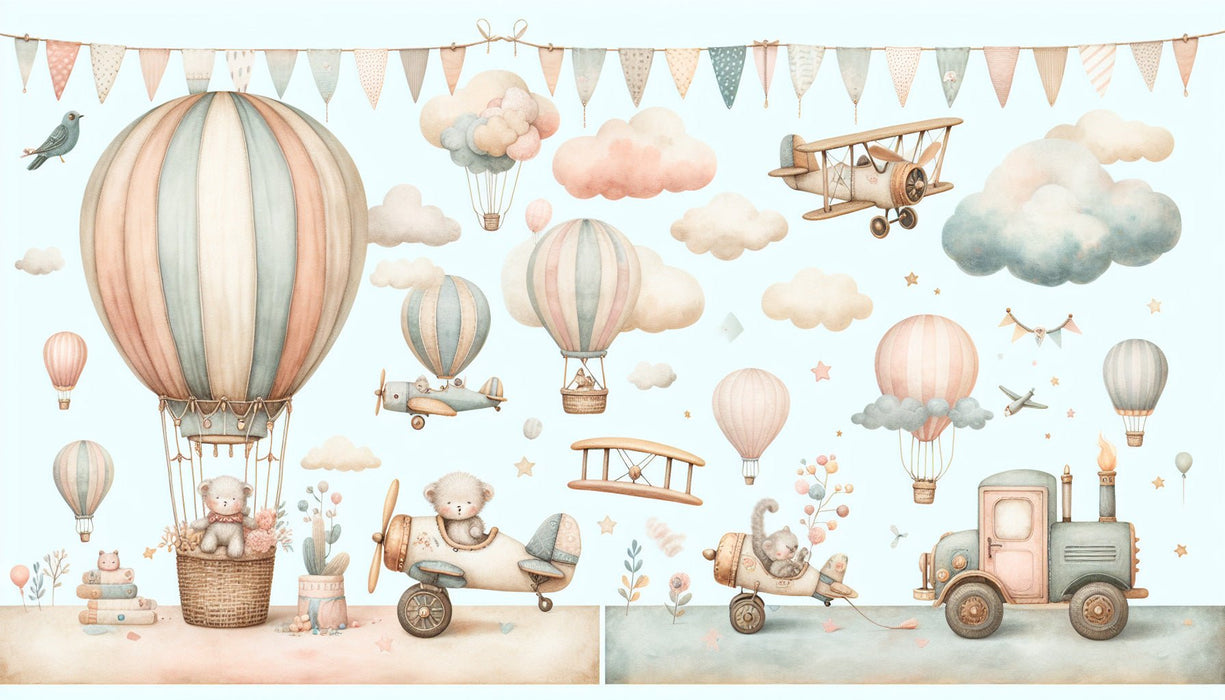 Hot air balloon wallpaper mural | airplane clouds and cubs - Carving wallpaper