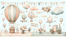 Hot air balloon wallpaper mural | airplane clouds and cubs - Carving wallpaper
