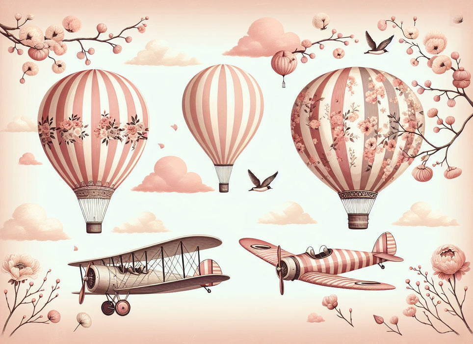 Hot air balloon wallpaper mural | Cherry airplane and balloon pink - Carving wallpaper