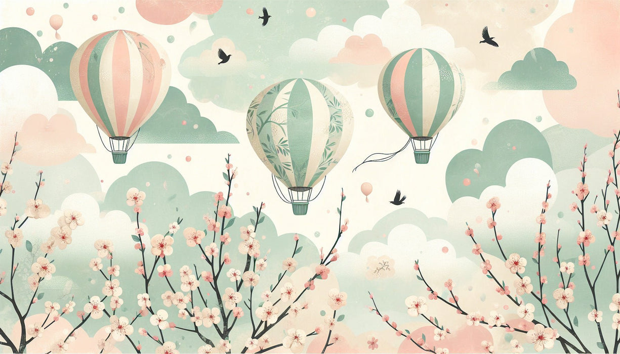 Hot air balloon wallpaper mural | Cherry roses and green clouds - Carving wallpaper