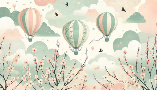 Hot air balloon wallpaper mural | Cherry roses and green clouds - Carving wallpaper