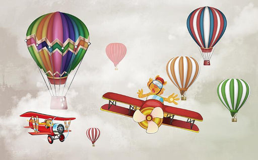 Hot air balloon wallpaper mural | Children's hot air balloons and airplanes create a dreamy space - Carving wallpaper