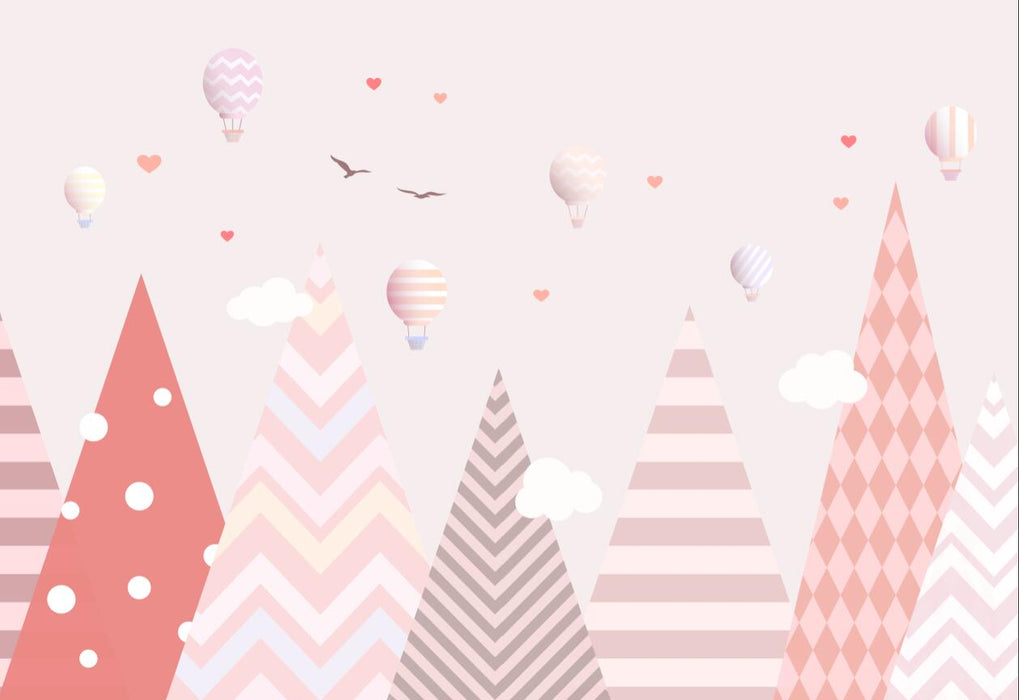 Hot air balloon wallpaper mural | children's pink geometric hot air balloon wallpaper - Carving wallpaper