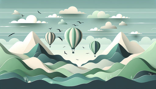 Hot air balloon wallpaper mural | Green and white mountain reliefs - Carving wallpaper