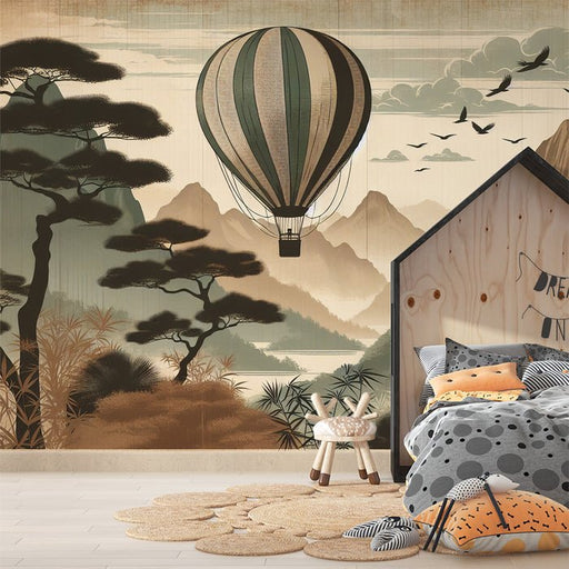 Hot air balloon wallpaper mural | Lost in neutral toned mountain reliefs - Carving wallpaper