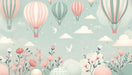 Hot air balloon wallpaper mural | Pink and white flowers, seagulls and clouds - Carving wallpaper
