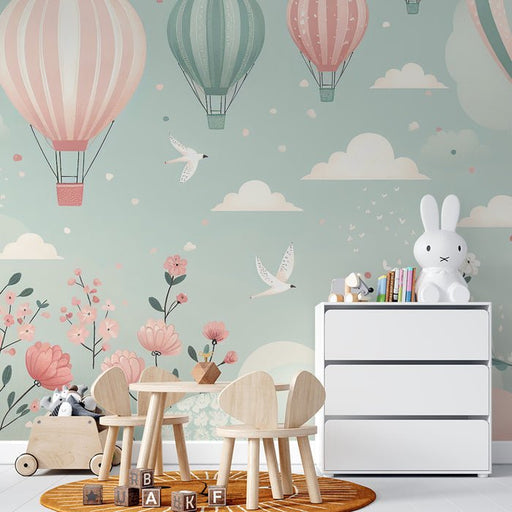 Hot air balloon wallpaper mural | Pink and white flowers, seagulls and clouds - Carving wallpaper