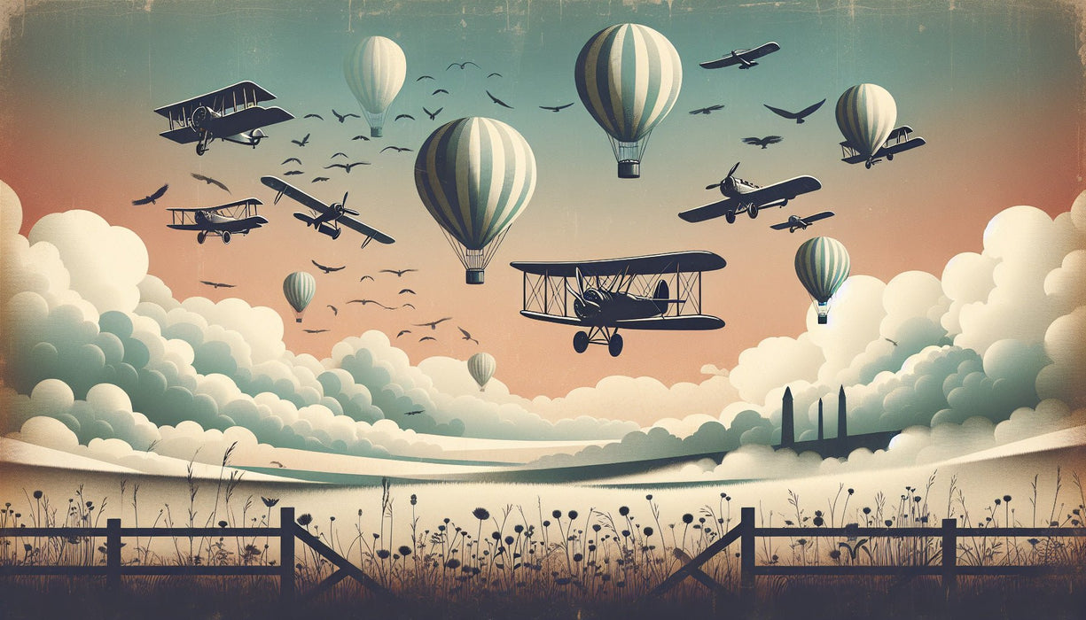Hot air balloon wallpaper mural | Plane and balloon overlooking grassland - Carving wallpaper