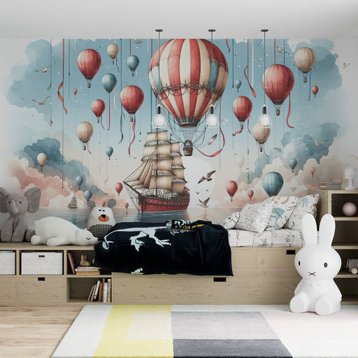 Hot air balloon wallpaper mural | Sailing boats and colorful hot air balloons - Carving wallpaper