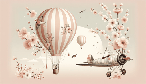 Hot air balloon wallpaper, pink cherry blossom branches, airplane, striped balloons - Carving wallpaper