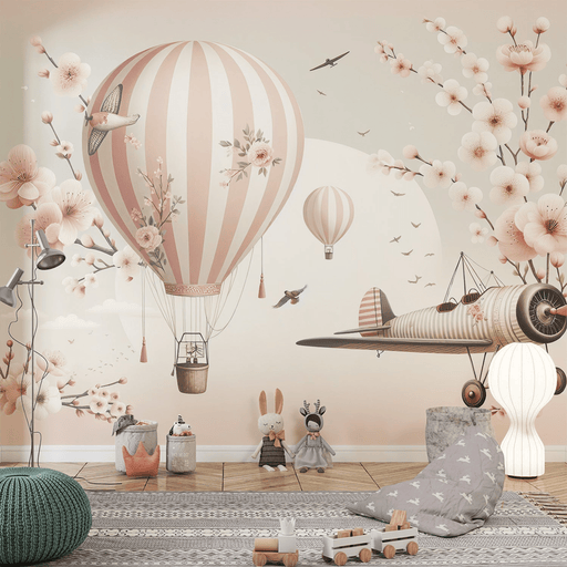 Hot air balloon wallpaper, pink cherry blossom branches, airplane, striped balloons - Carving wallpaper
