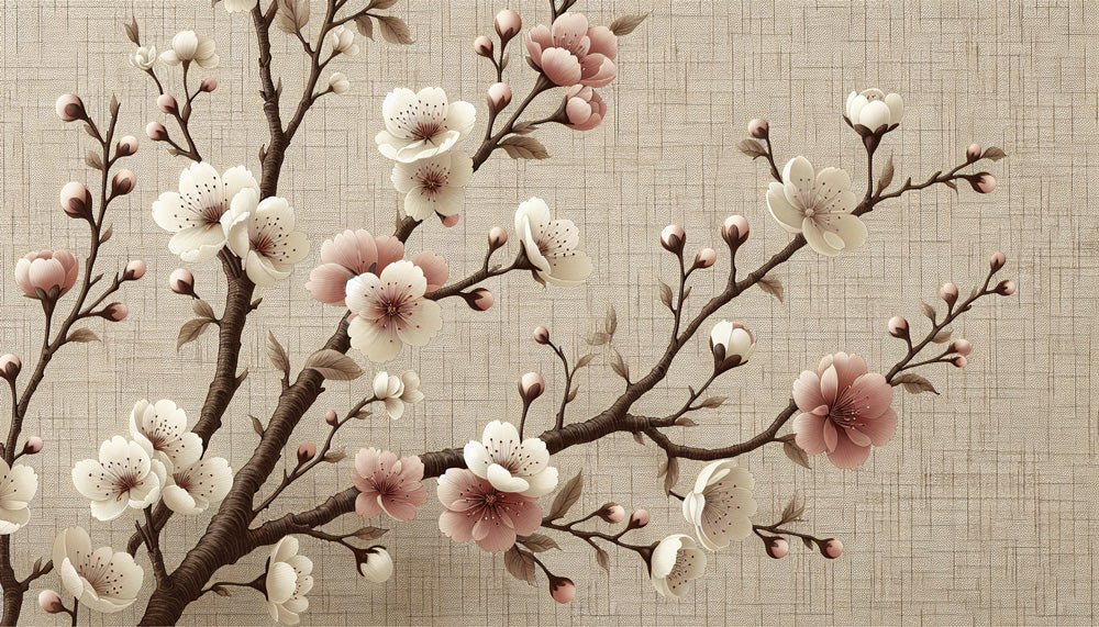 Huaben Wallpaper Mural | Retro woven background with pink and white flowers - Carving wallpaper