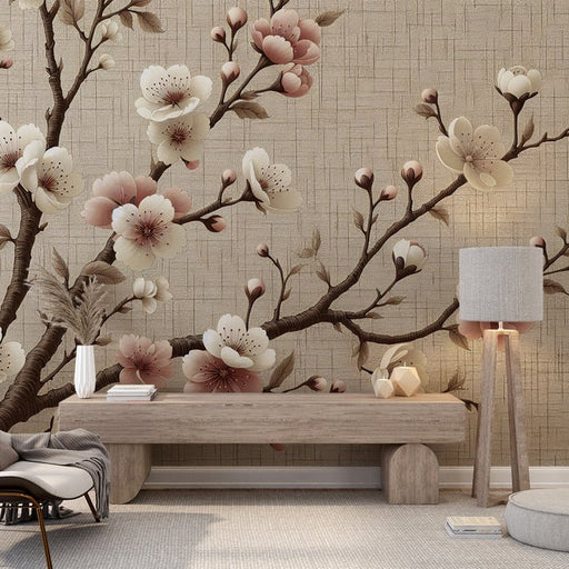 Huaben Wallpaper Mural | Retro woven background with pink and white flowers - Carving wallpaper