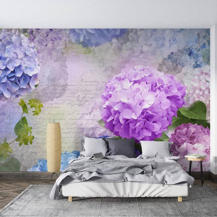 Hydrangea Wallpaper Mural | Romantic Purple Blue Hydrangea Revival of Ancient Style - soft light purple, pink and blue hydrangeas with handwritten letters in a peaceful, romantic bedroom backdrop.