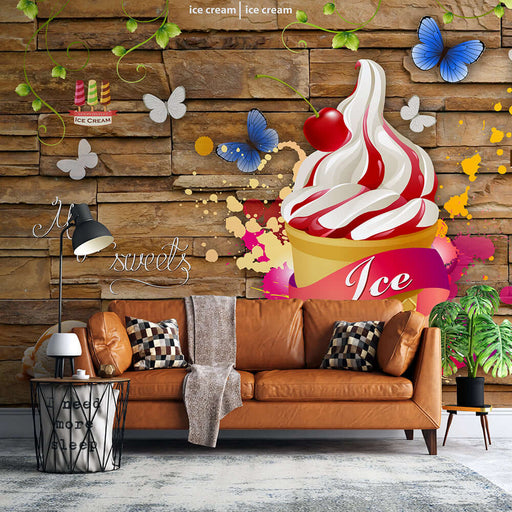 Ice cream themed wallpaper | Creative dessert shop background wall that features a big ice cream cone mural with cherries, sauces, butterflies, and colorful decor on a wooden wall