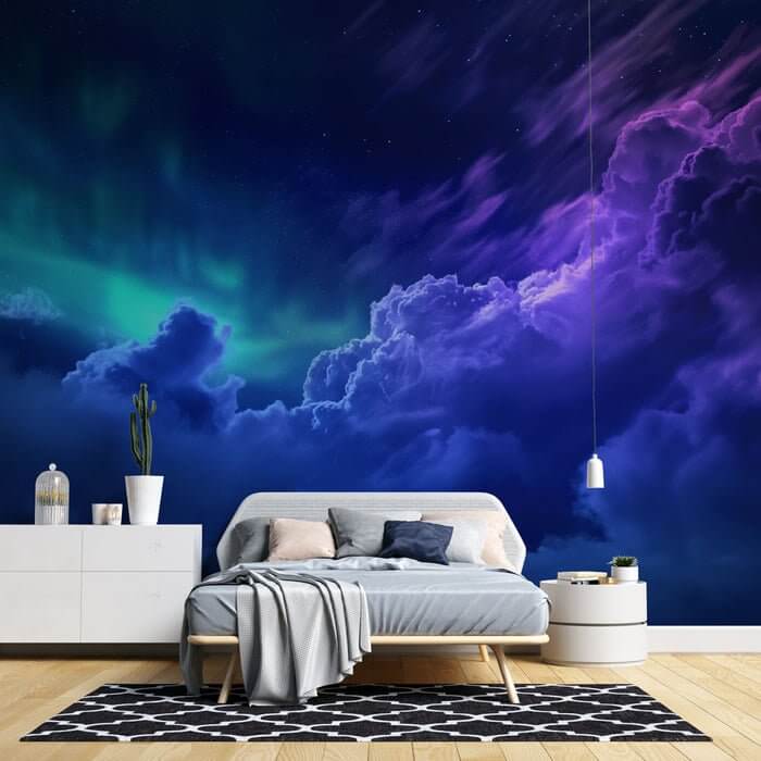 Immersive Northern Lights Sky Wallpaper Mural - Dreamy Cosmic Nightscape for Mesmerizing Interiors alt tag for a celestial bedroom mural