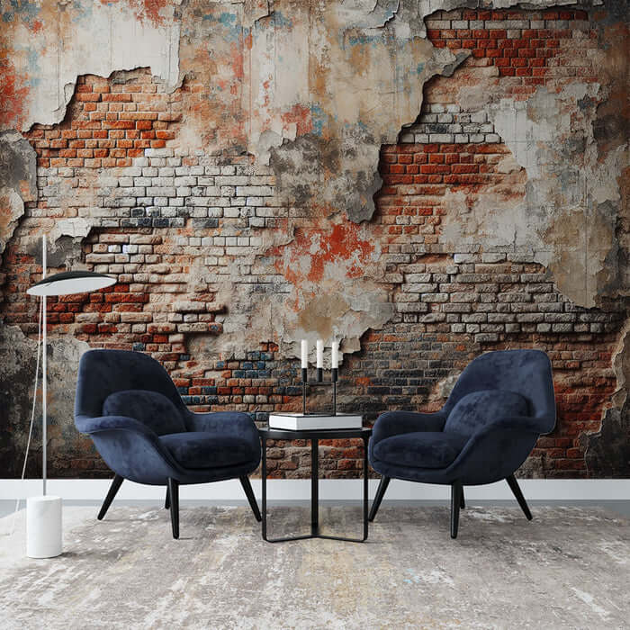 industrial brick wall mural wallpaper featuring realistic textures and distressed details in a modern interior setting.